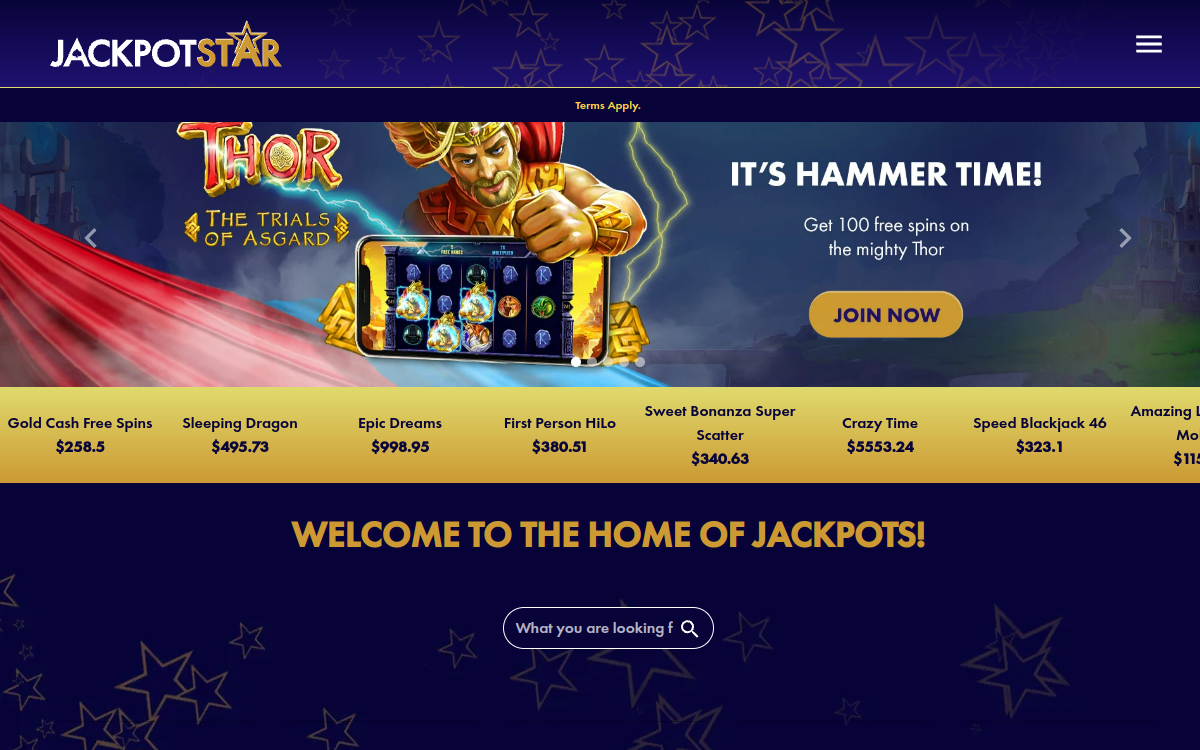 JackpotStar Casino homepage screenshot