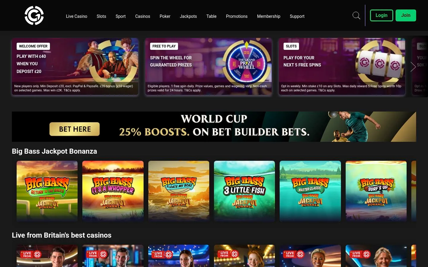 Grosvenor Casino homepage screenshot