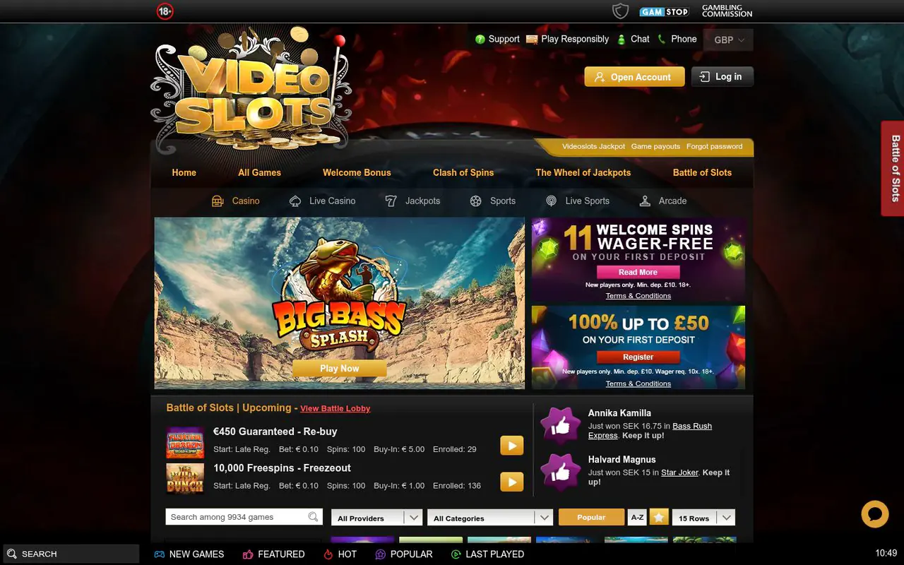 Videoslots homepage screenshot