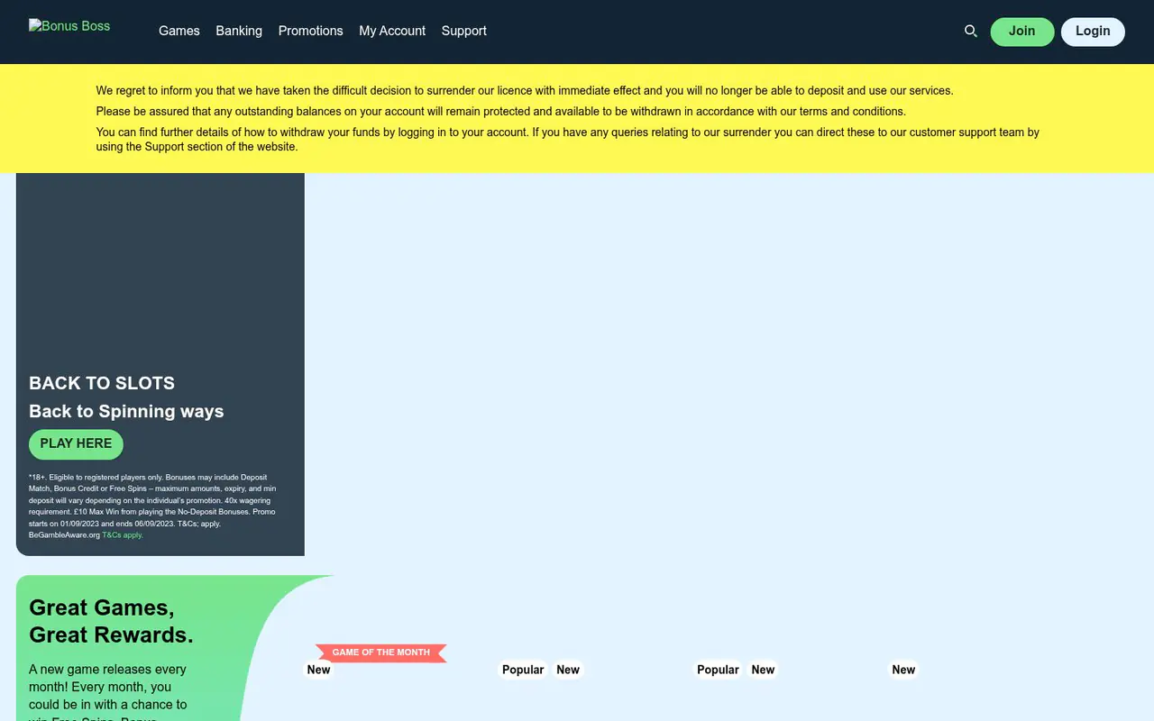 Bonus Boss homepage screenshot