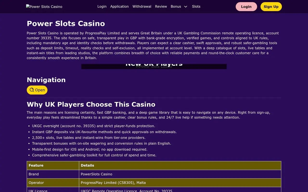 Power Slots Casino homepage screenshot