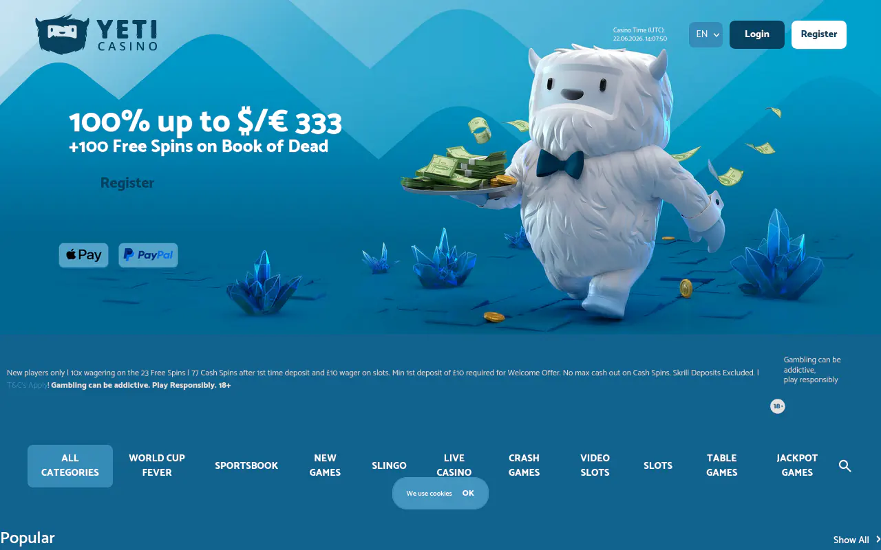 Yeti Casino homepage screenshot