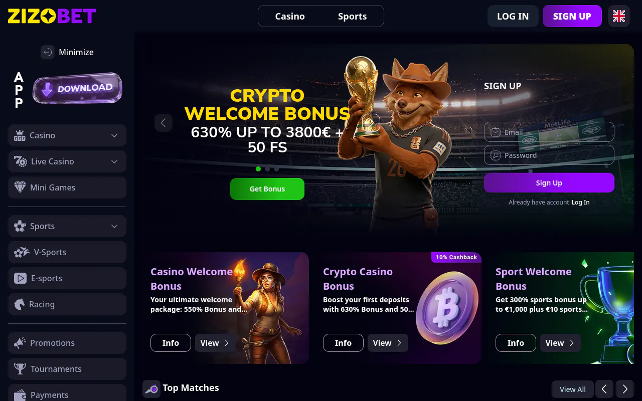 Zizobet homepage screenshot