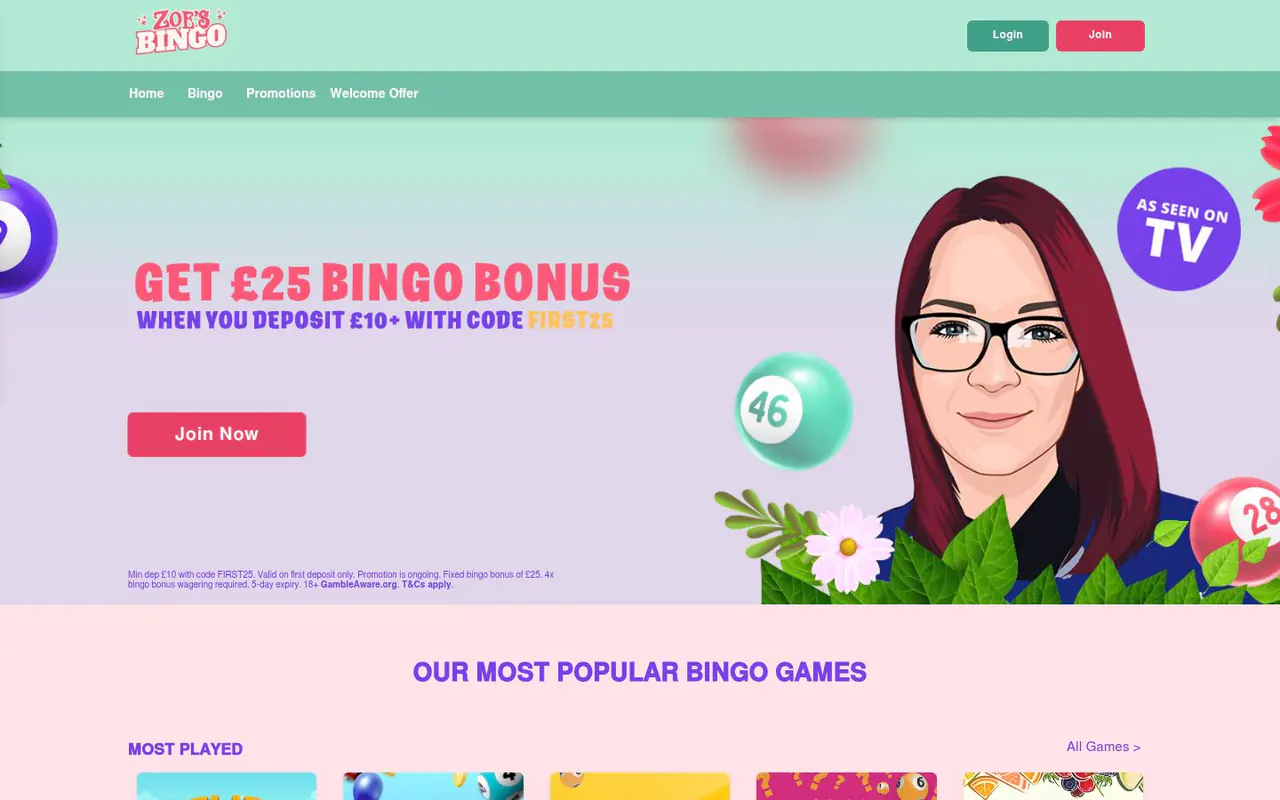 Zoe's Bingo homepage screenshot