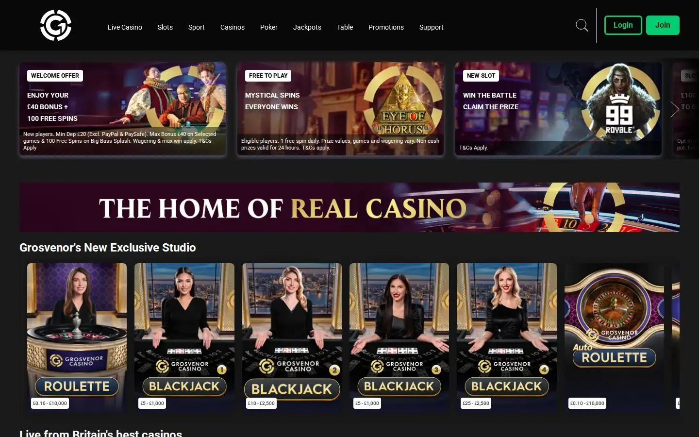 Grosvenor Casinos homepage