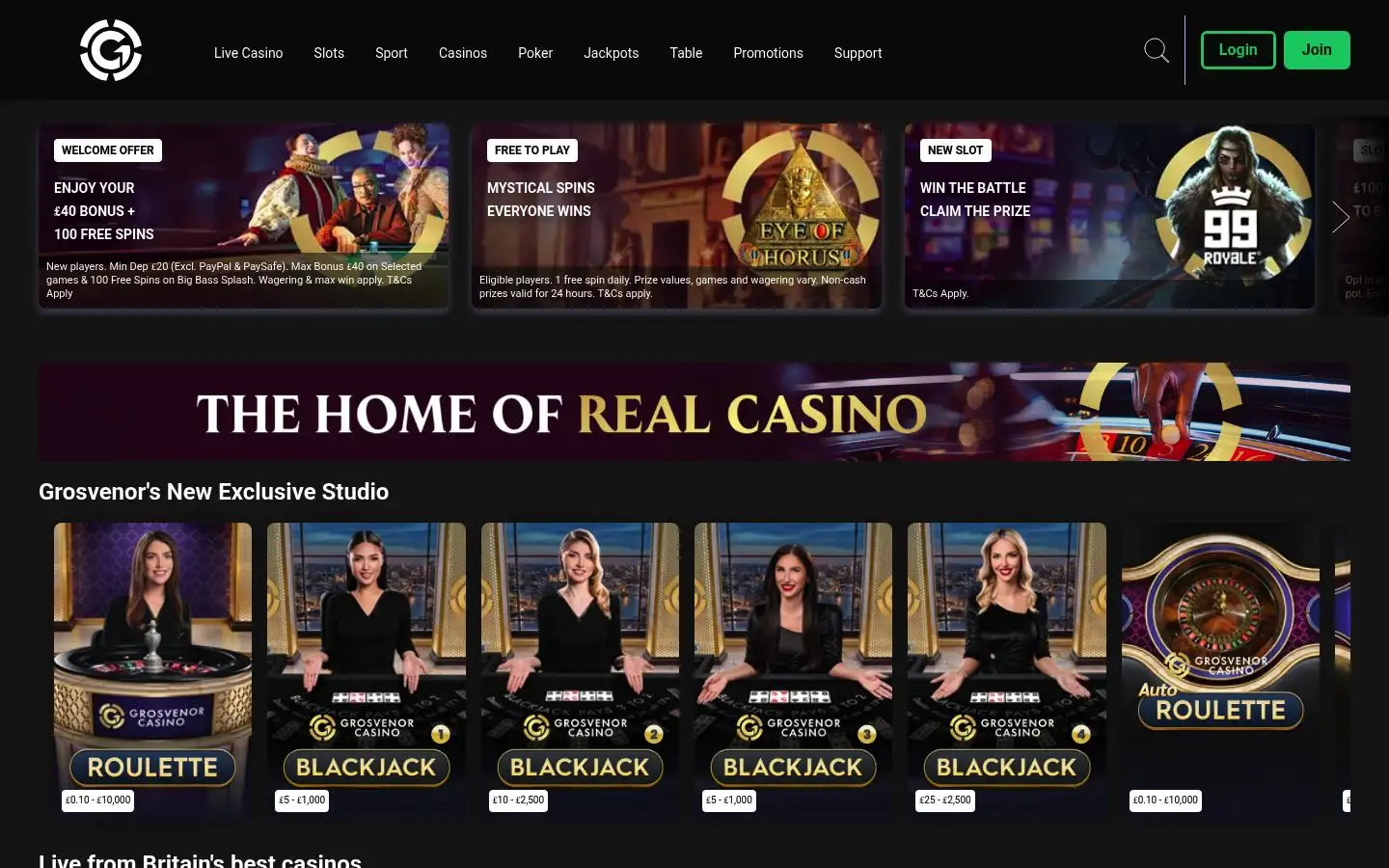 Grosvenor Casinos homepage