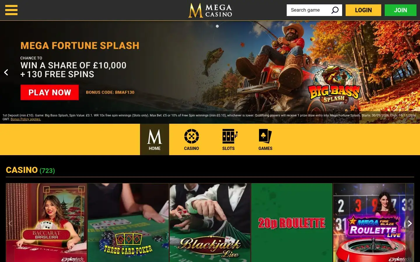 Mega Casino homepage