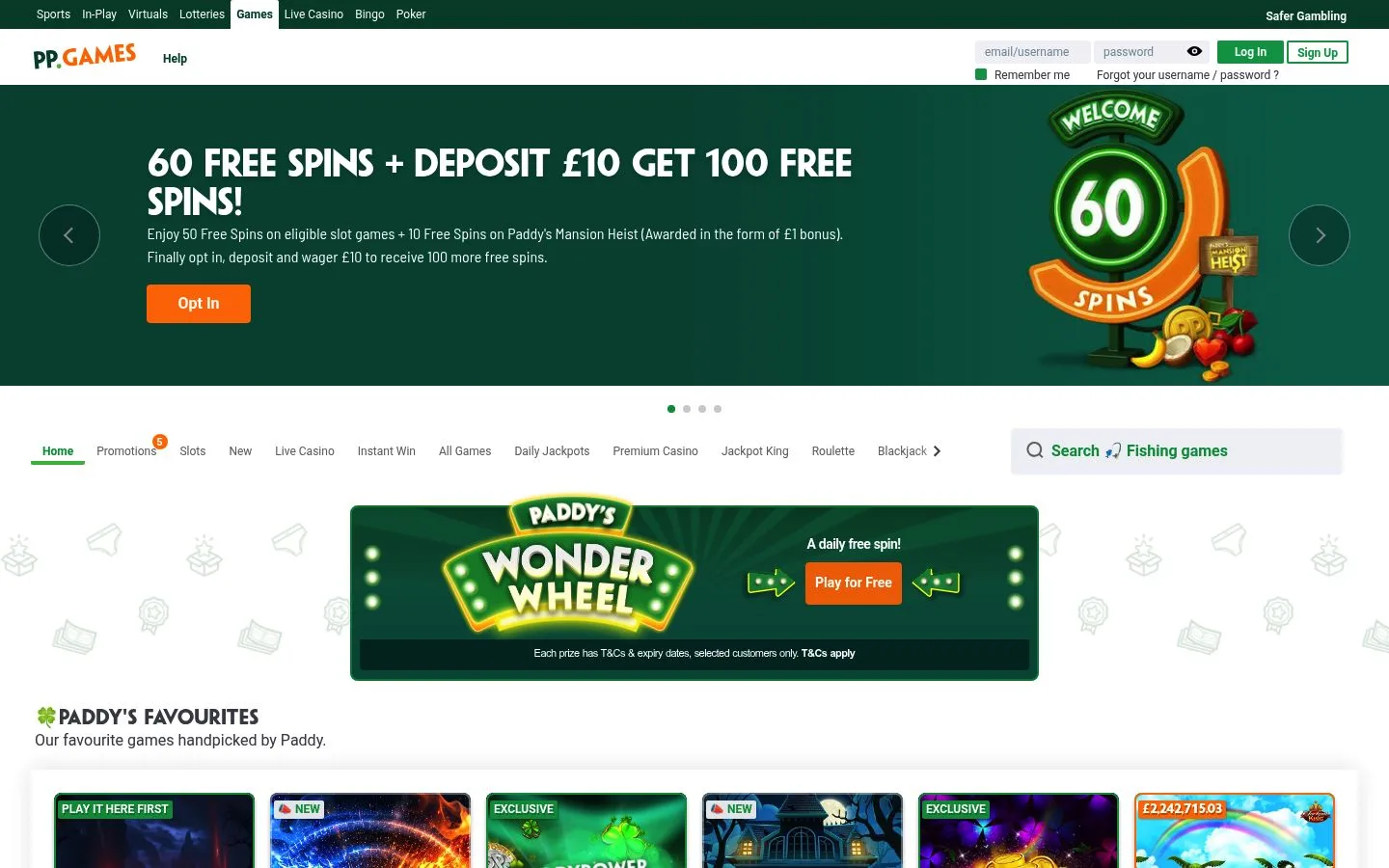 Paddy Power Games homepage