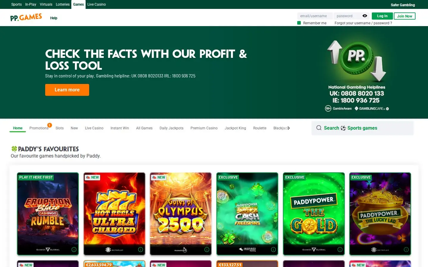 Paddy Power Games homepage