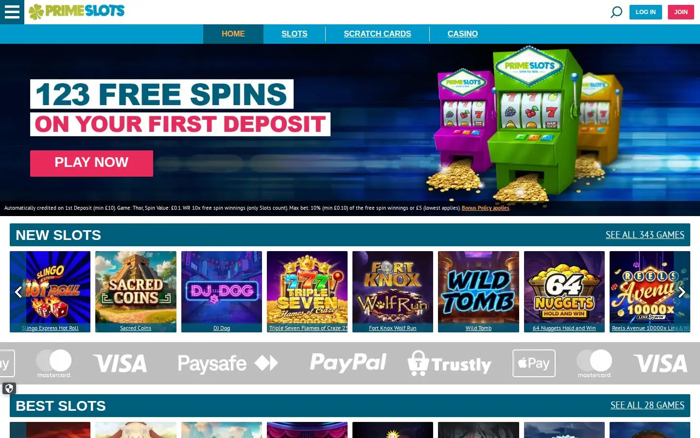 Prime Slots homepage