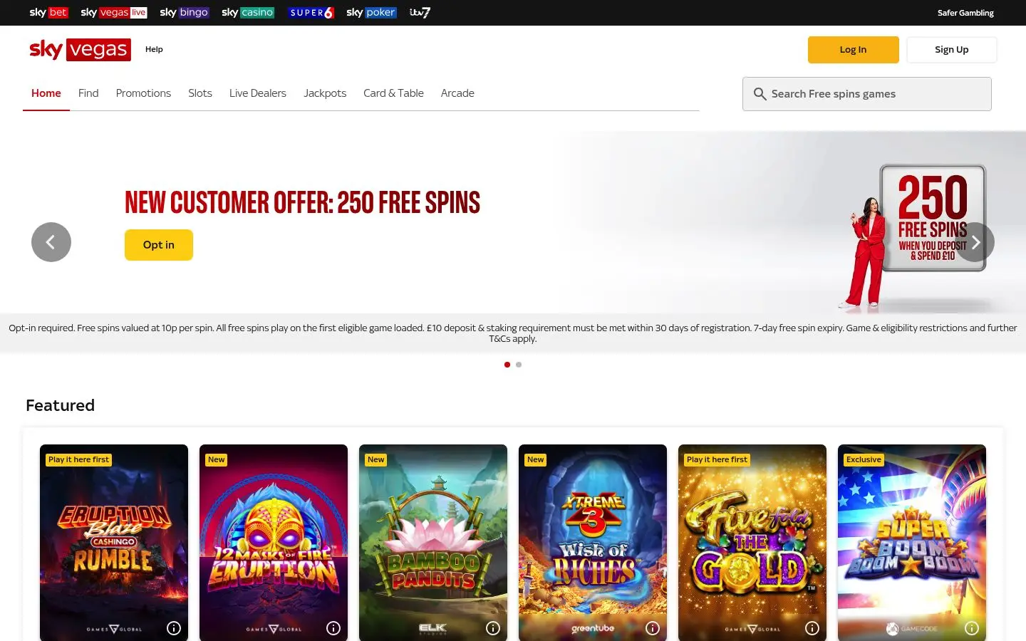 Sky Vegas homepage