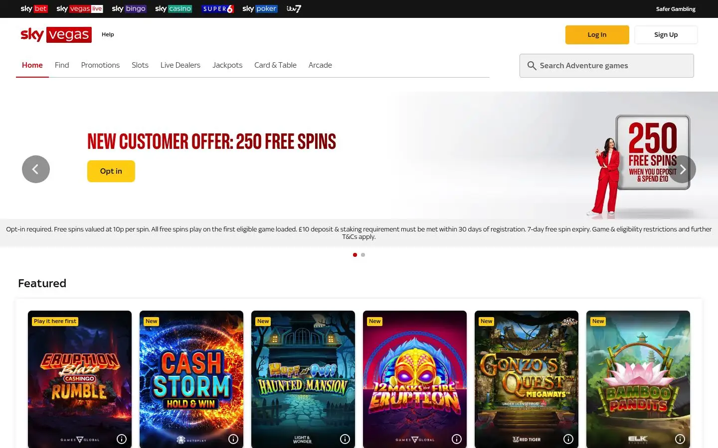 Sky Vegas homepage