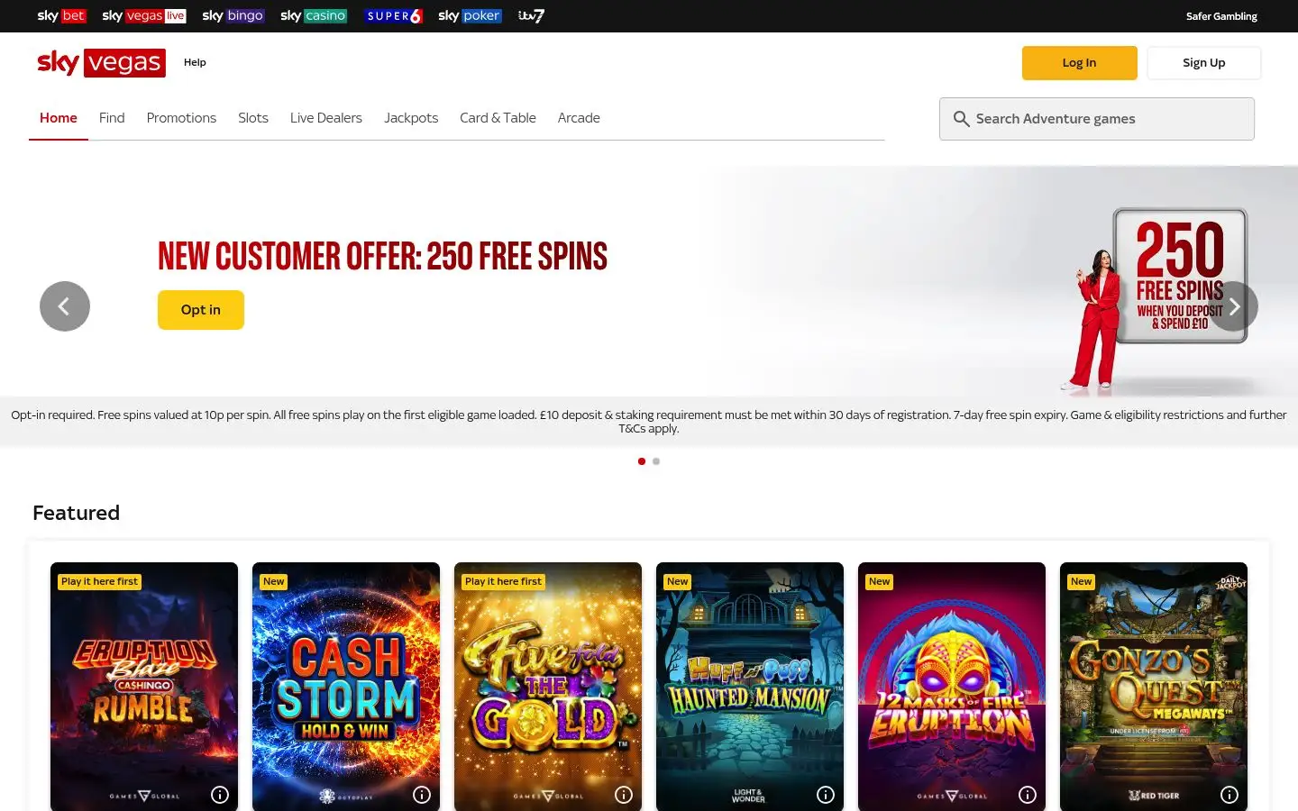 Sky Vegas homepage