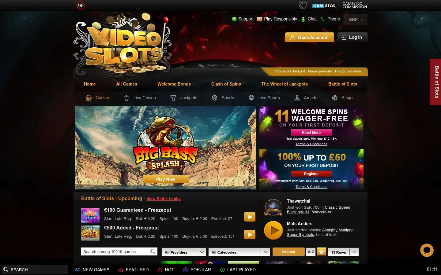 Videoslots homepage