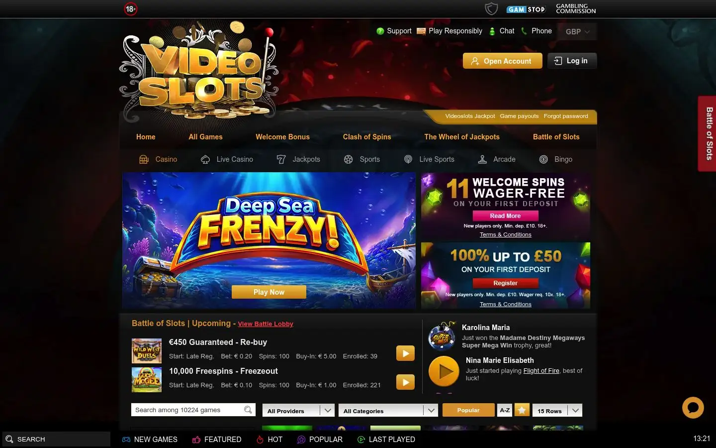 Videoslots homepage