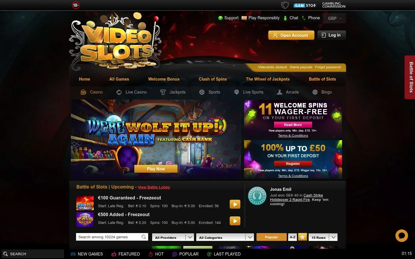 Videoslots homepage