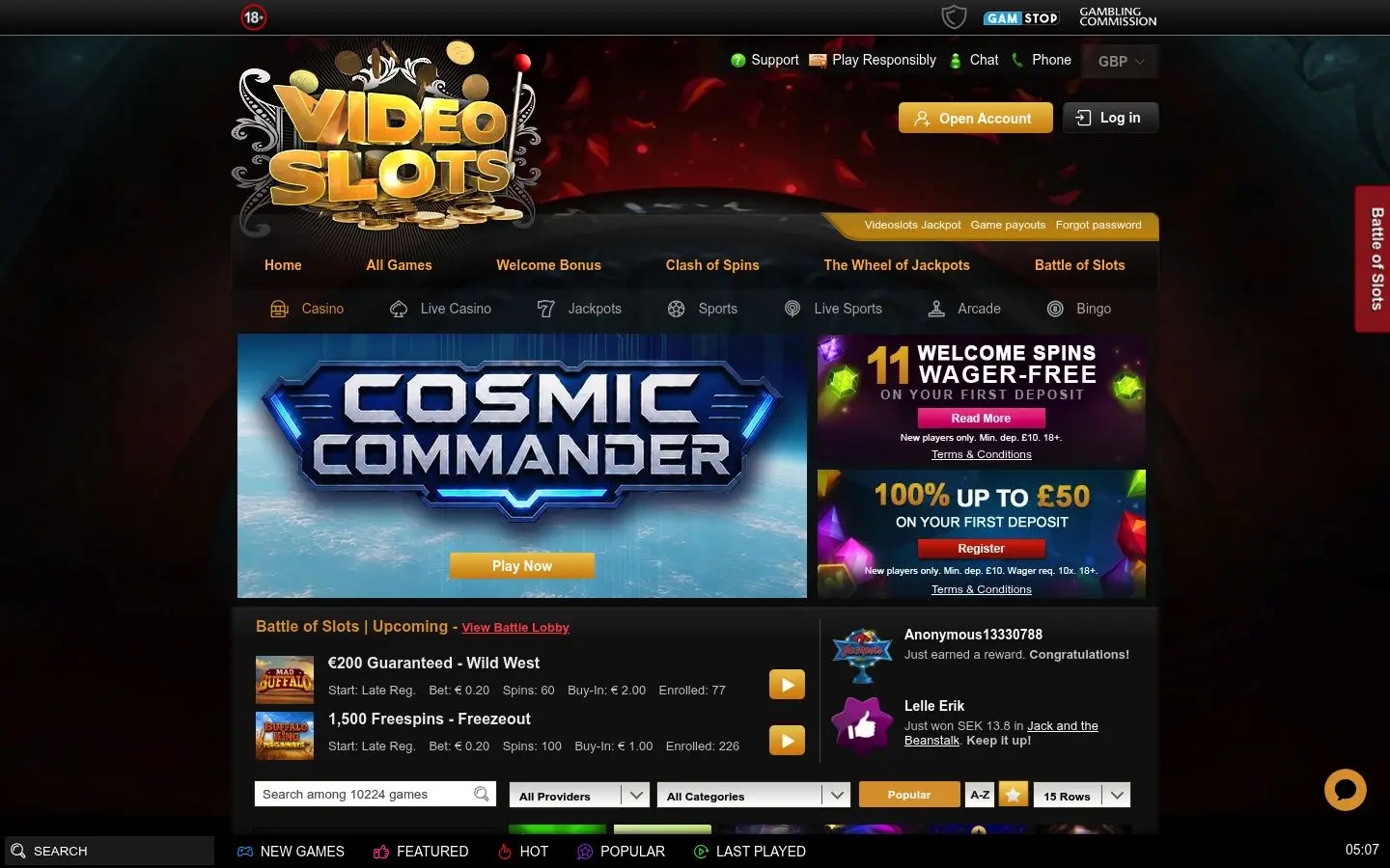 Videoslots homepage