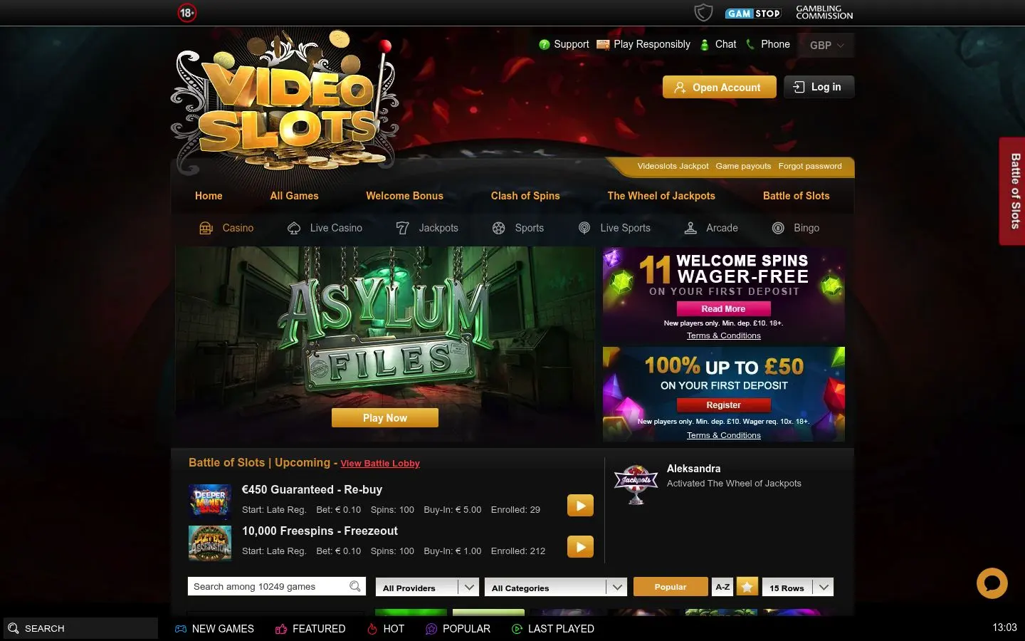 Videoslots homepage
