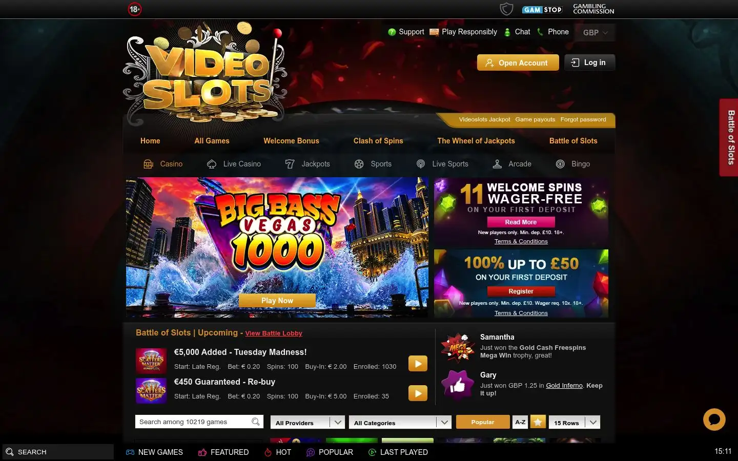 Videoslots homepage